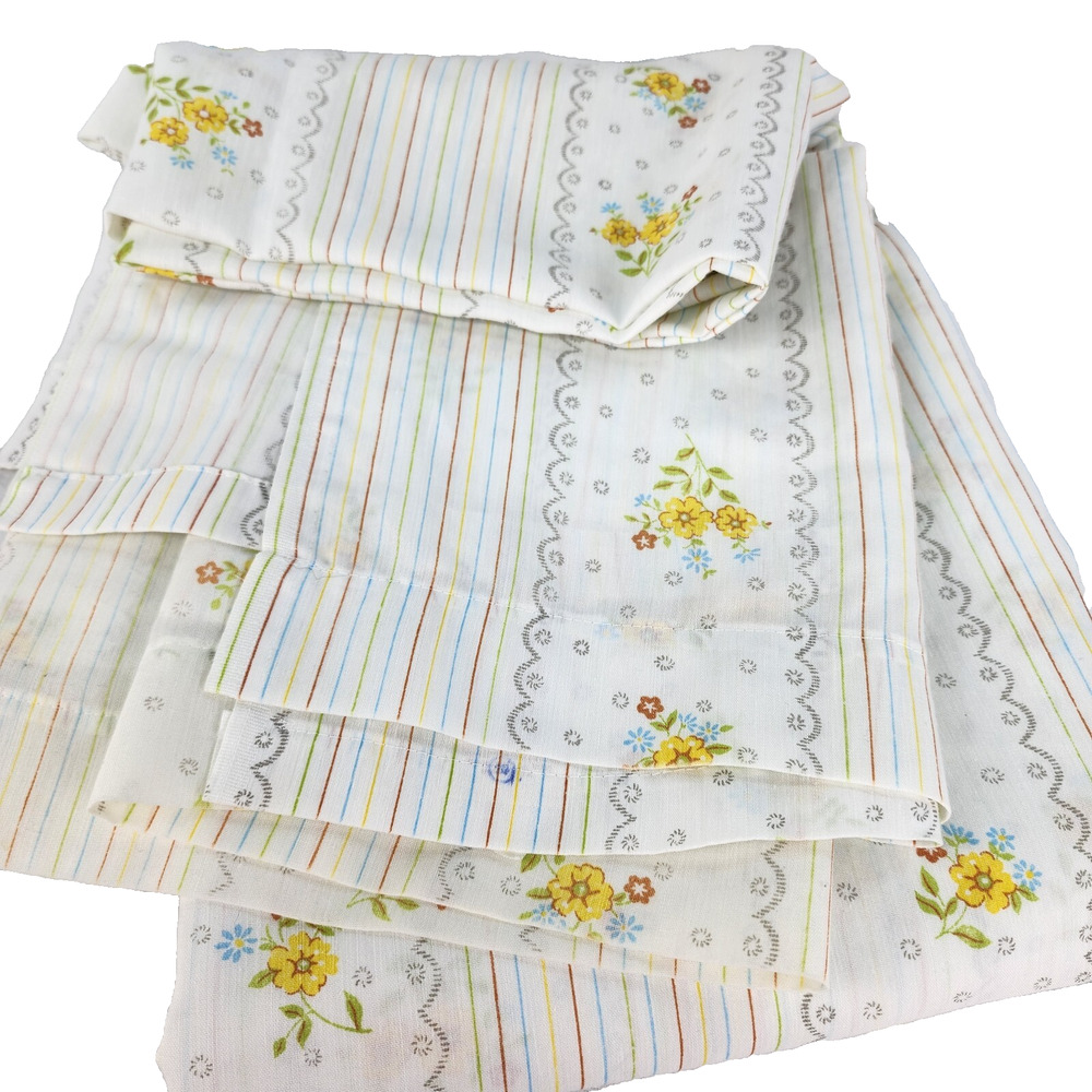 Vintage Thomaston New Era Full Flat Sheet Floral Striped USA No-Iron Cottagecore